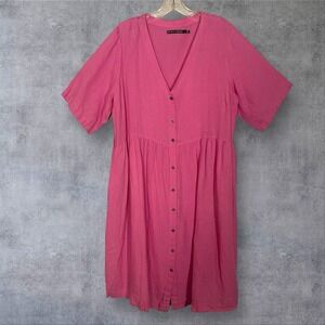 Gudrun Sjoden Magenta Pink Linen Button Front Dress Womens L Midi Laganlook